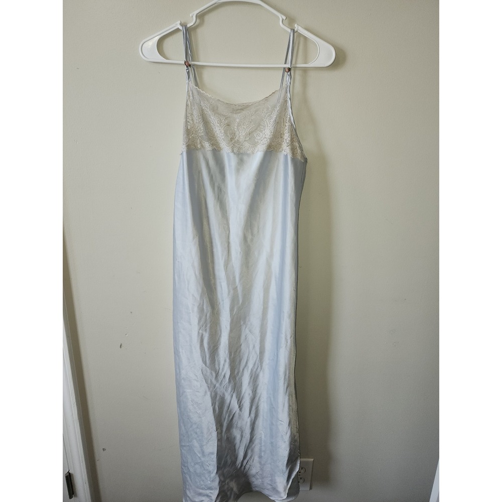Vintage California Dynasty Blue Satin Lace Nightgown long Slip Dress Rosette Sm